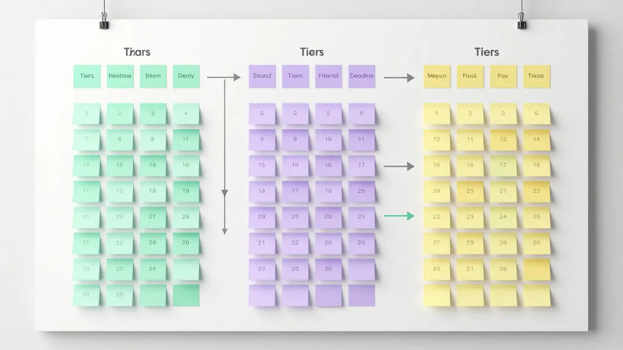Calendar with colored notes organized into three strategic columns