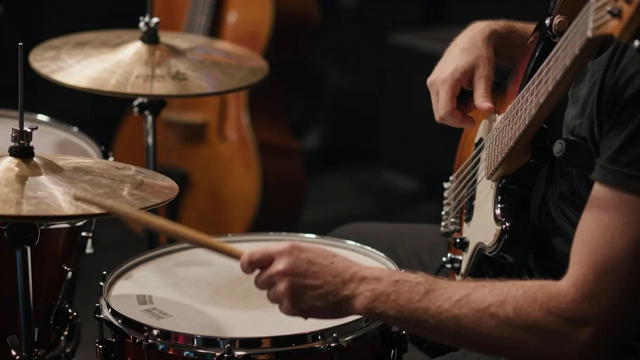 Close-up of a drummer and bassist coordinating their hands during a precise music rehearsal.