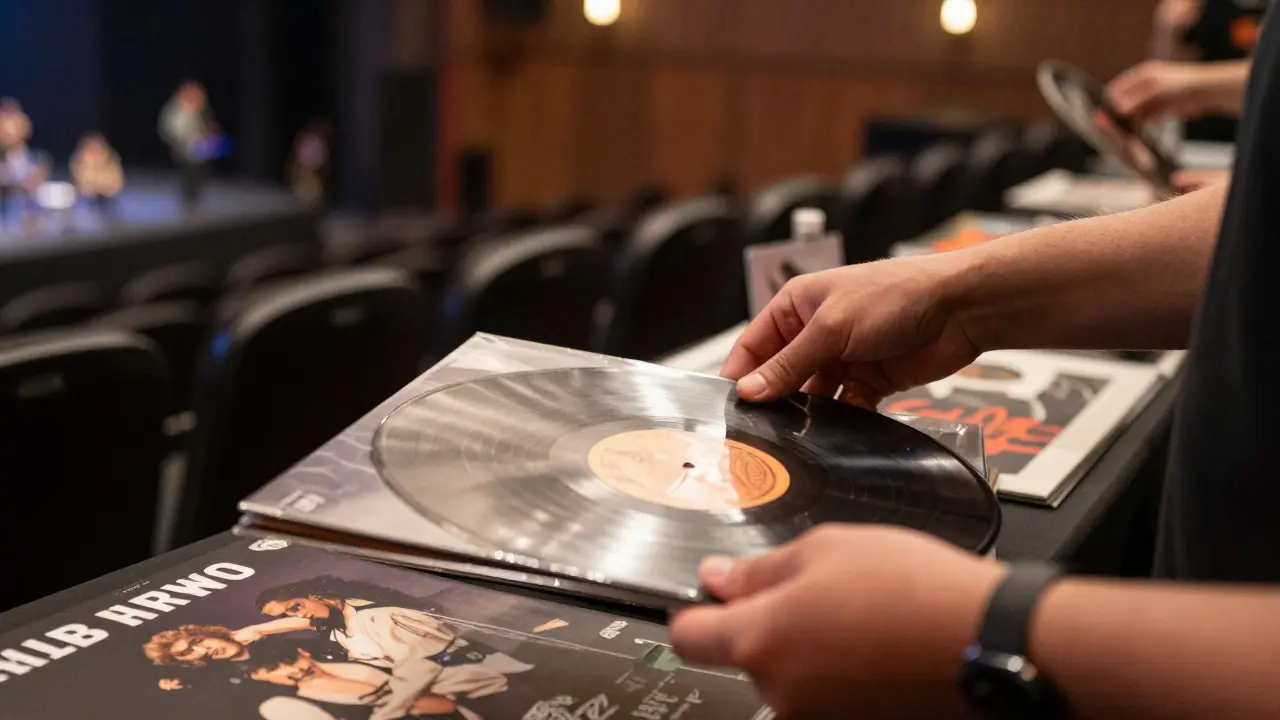 Close-up of a fan receiving a vinyl record from an artist at a merch table