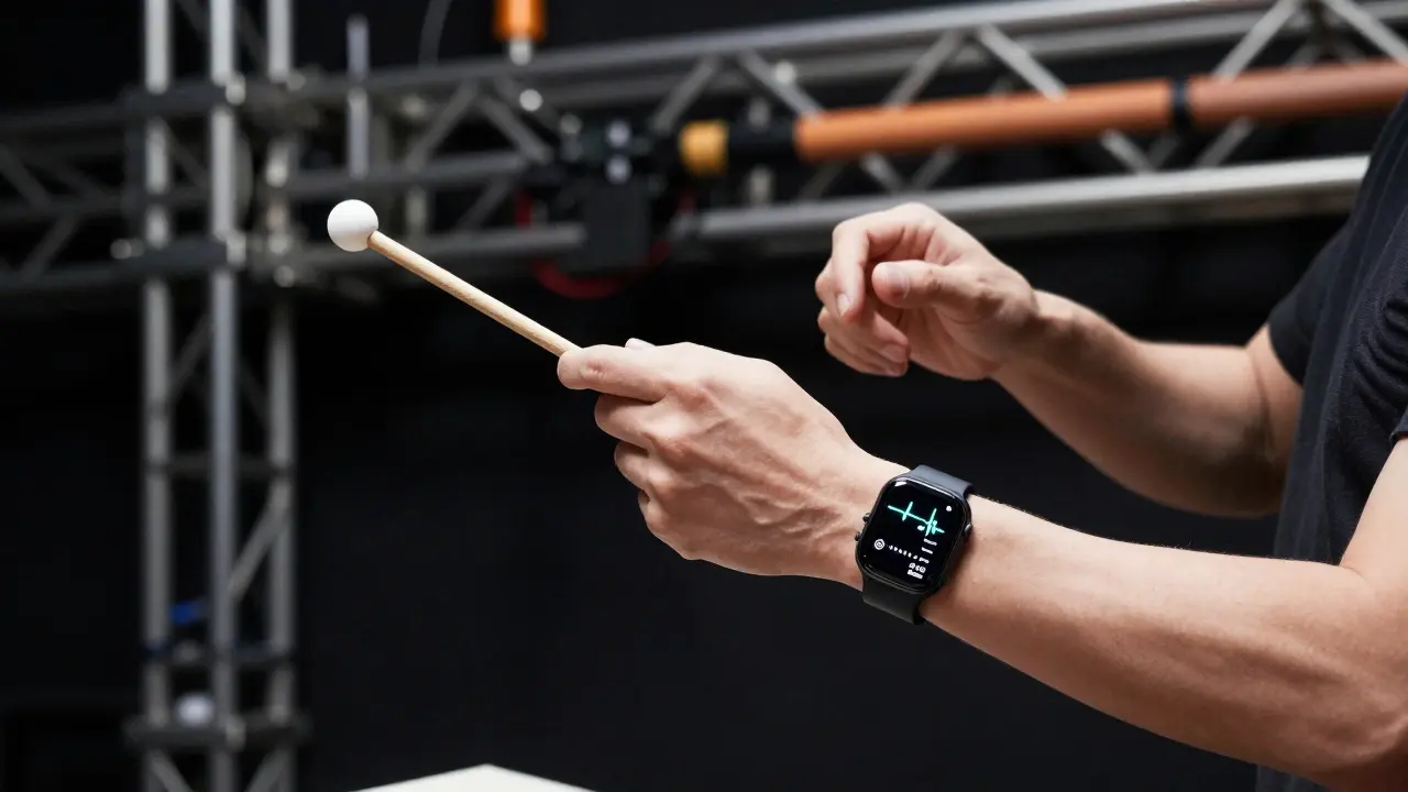 Close-up of a performer's hand with a smartwatch displaying biometric data on stage