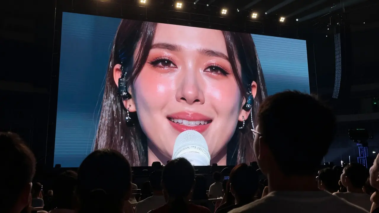 Close-up of a singer's expressive face displayed on a large arena LED screen