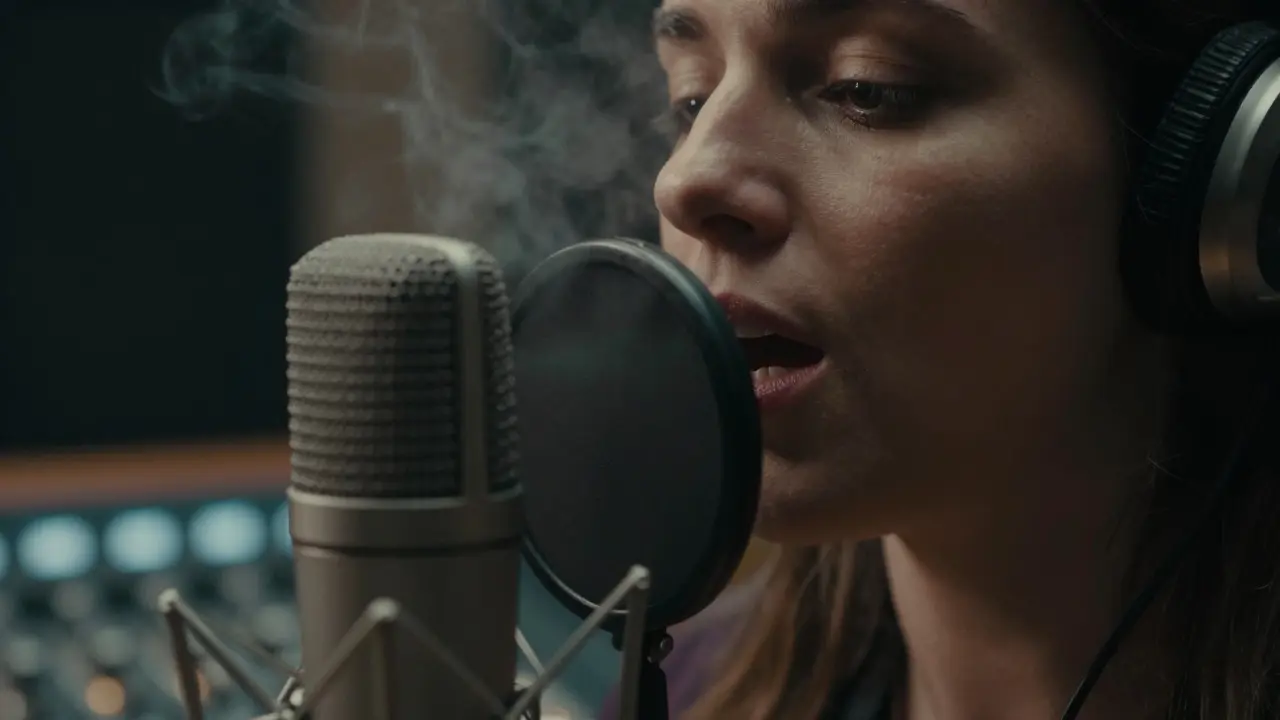 Close-up of a singer's lips near a microphone showing breath during a whisper