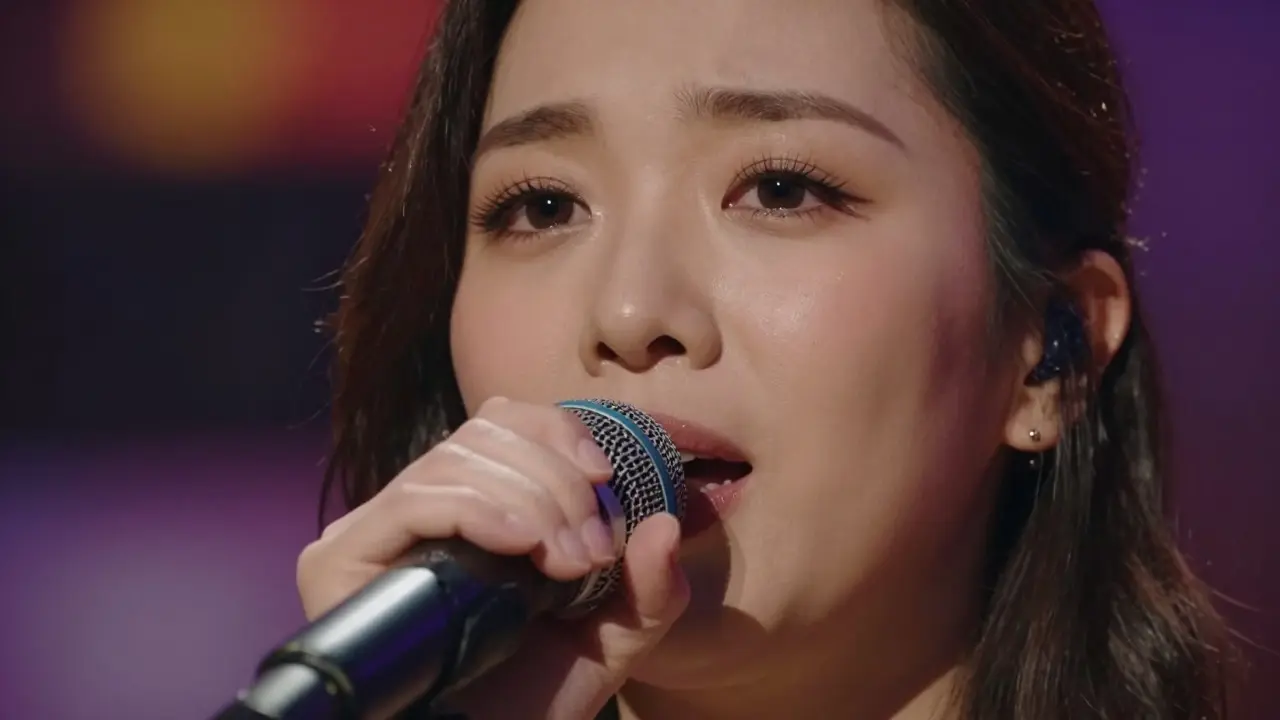 Close-up of a singer making direct eye contact while holding a microphone near her lips