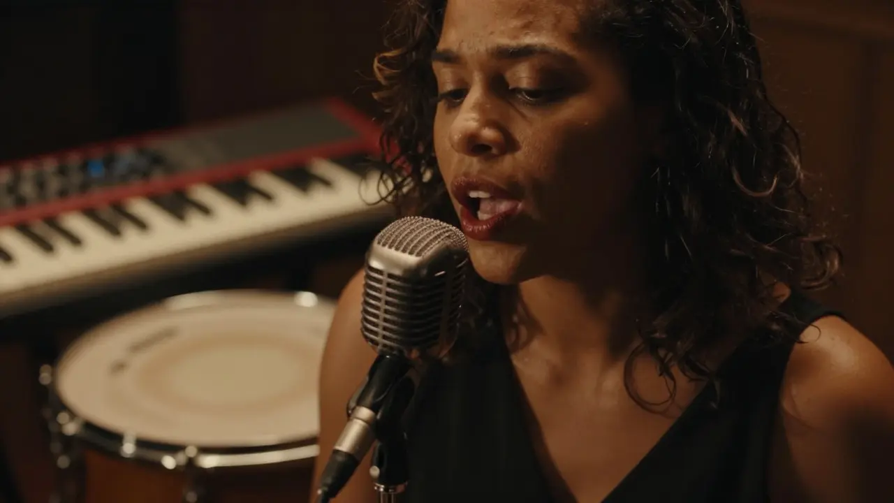 Close-up of a singer projecting vocals into a microphone during a live funk performance