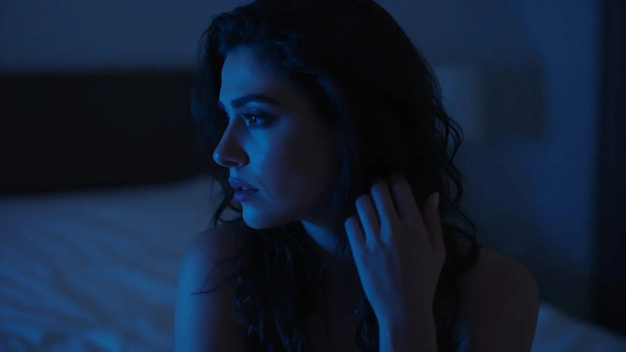 Close-up of a woman in shadow illuminated by electric blue neon light