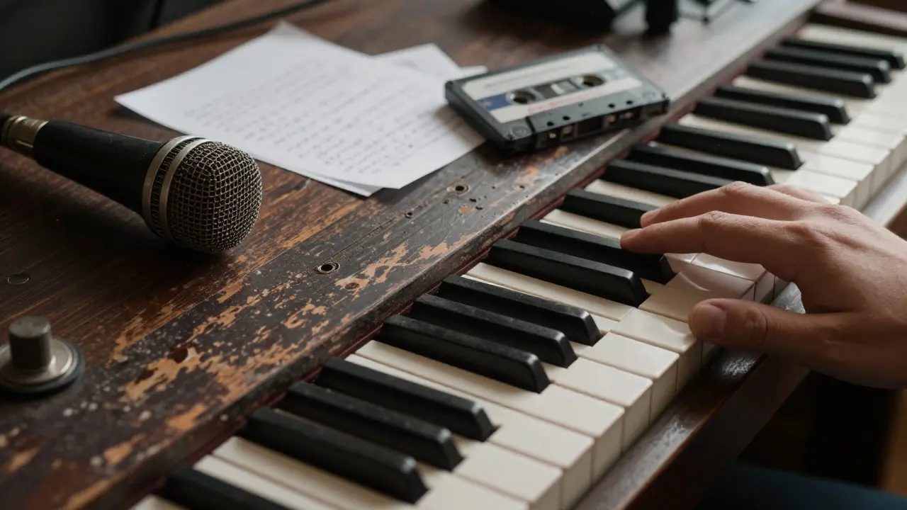 Close-up of hands on a piano and vintage audio equipment in a studio