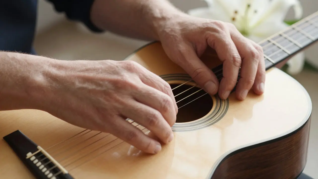 Close-up of hands playing an acoustic guitar with soft lighting and lilies in the background