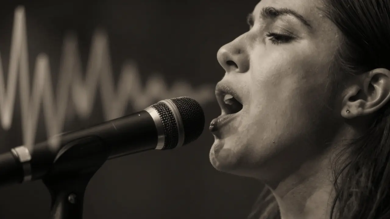 Close-up of singer's profile showing breath control during performance