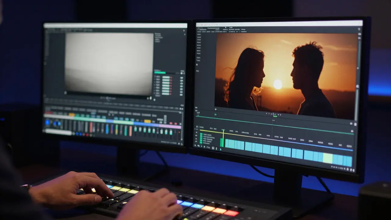 Colorist adjusting video tones on a monitor in a dark editing suite