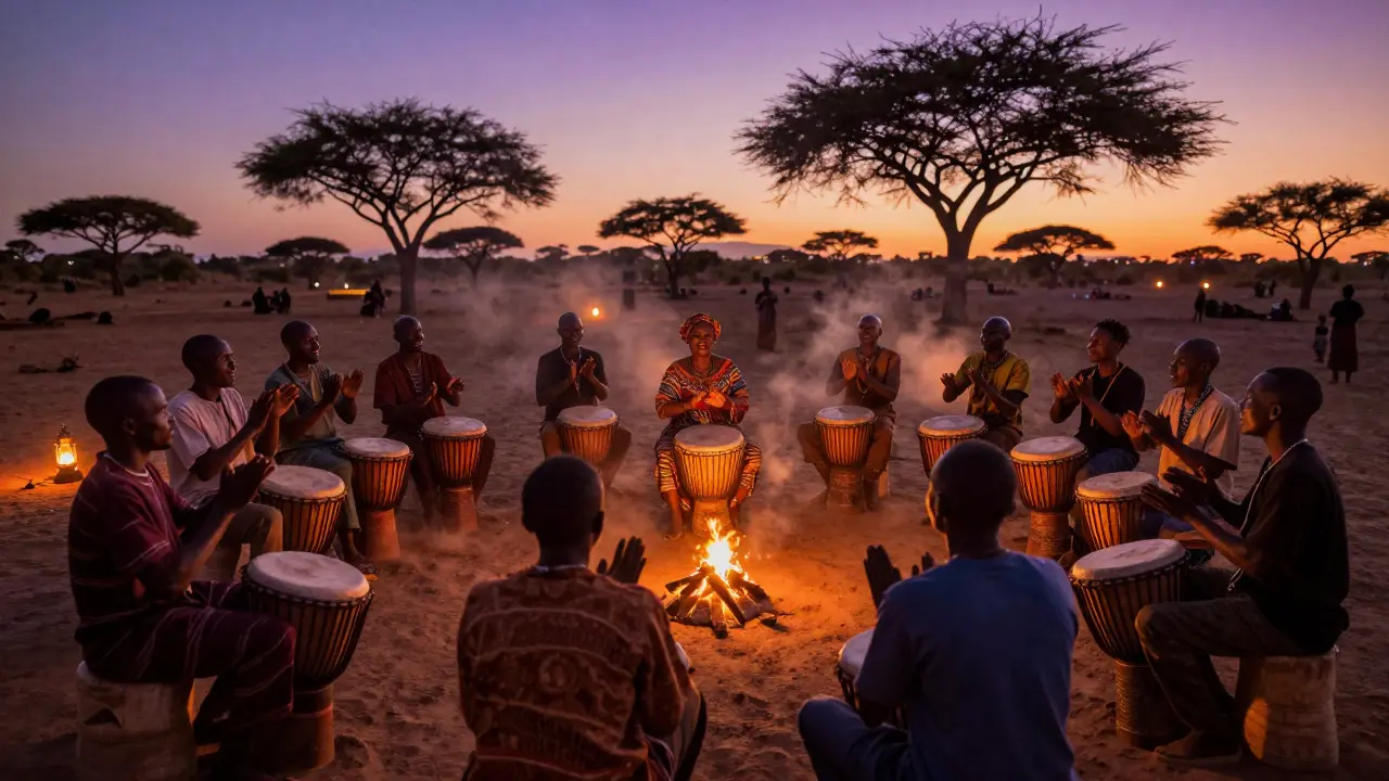 Community drum circle gathering in a West African village