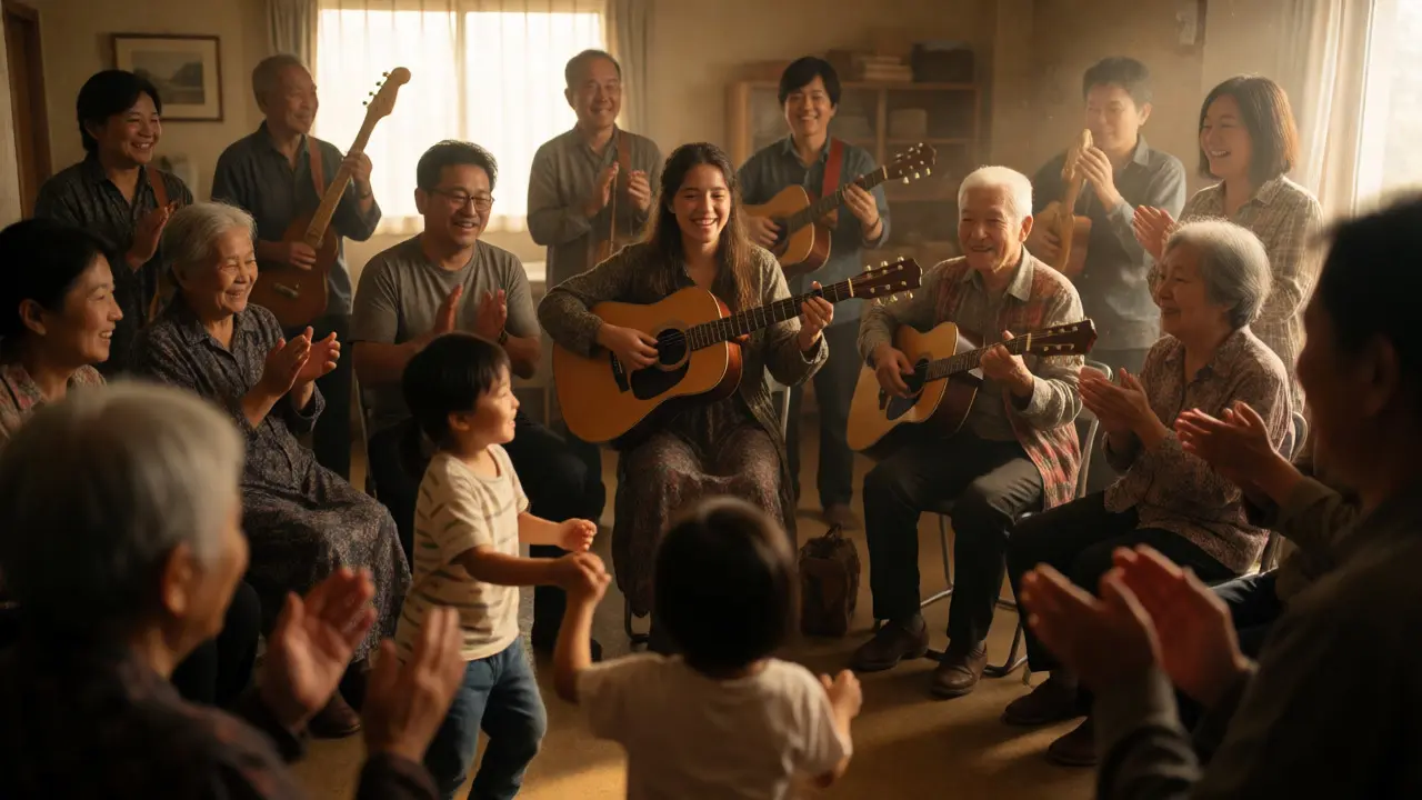Community members dancing and clapping during a joyful jam session in Fukushima