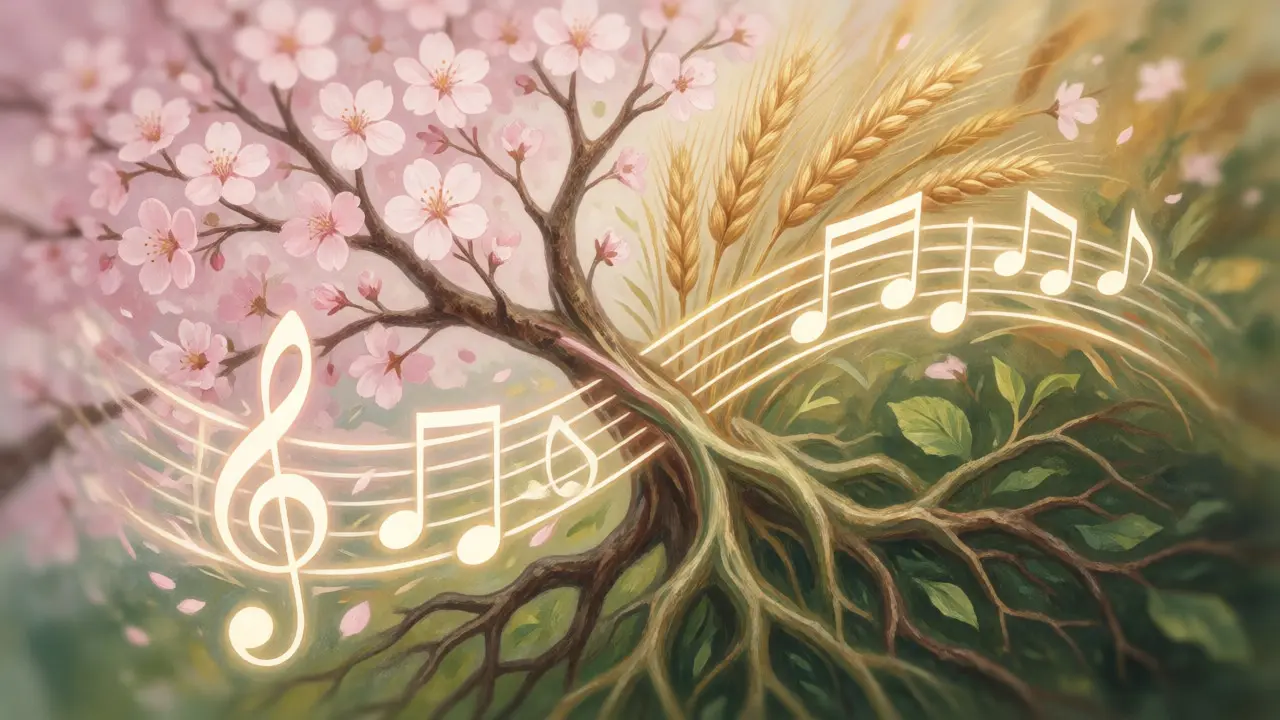 Conceptual art blending musical notes, cherry blossoms, and roots symbolizing healing