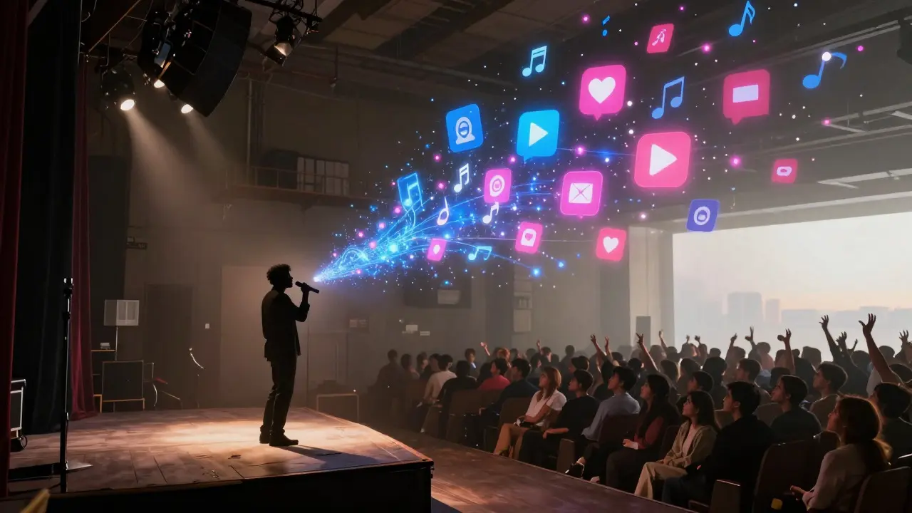 Conceptual art showing a singer's live performance expanding into digital social media