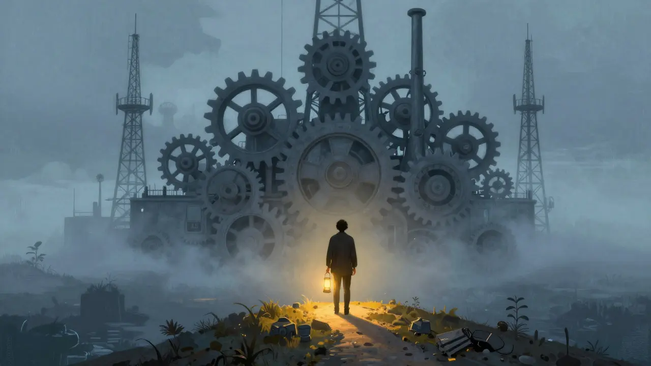 Conceptual art showing an artist on a glowing island facing industrial structures