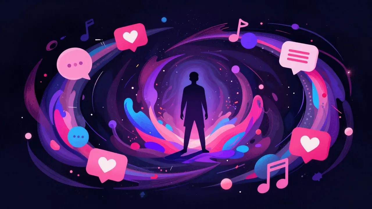 Conceptual art showing an artist surrounded by a swirling loop of social media icons
