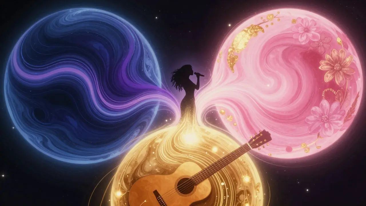 Conceptual art showing three colored musical spheres merging around a singer silhouette