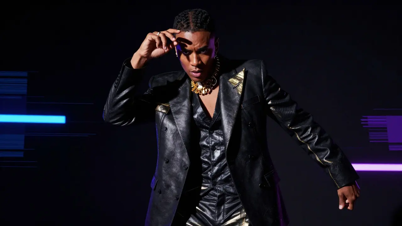Confident performer in structured suit with dramatic studio lighting