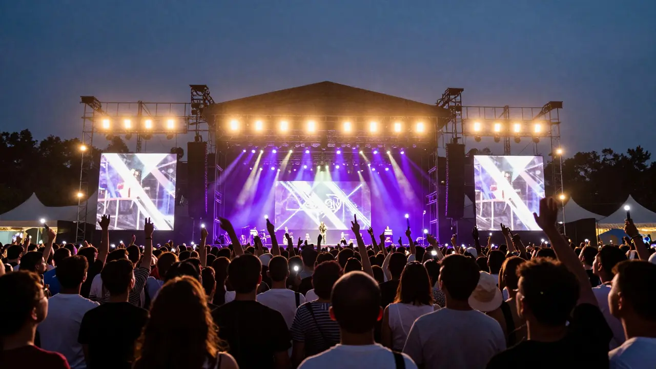 Crowd at a twilight music festival looking up at a brightly lit stage