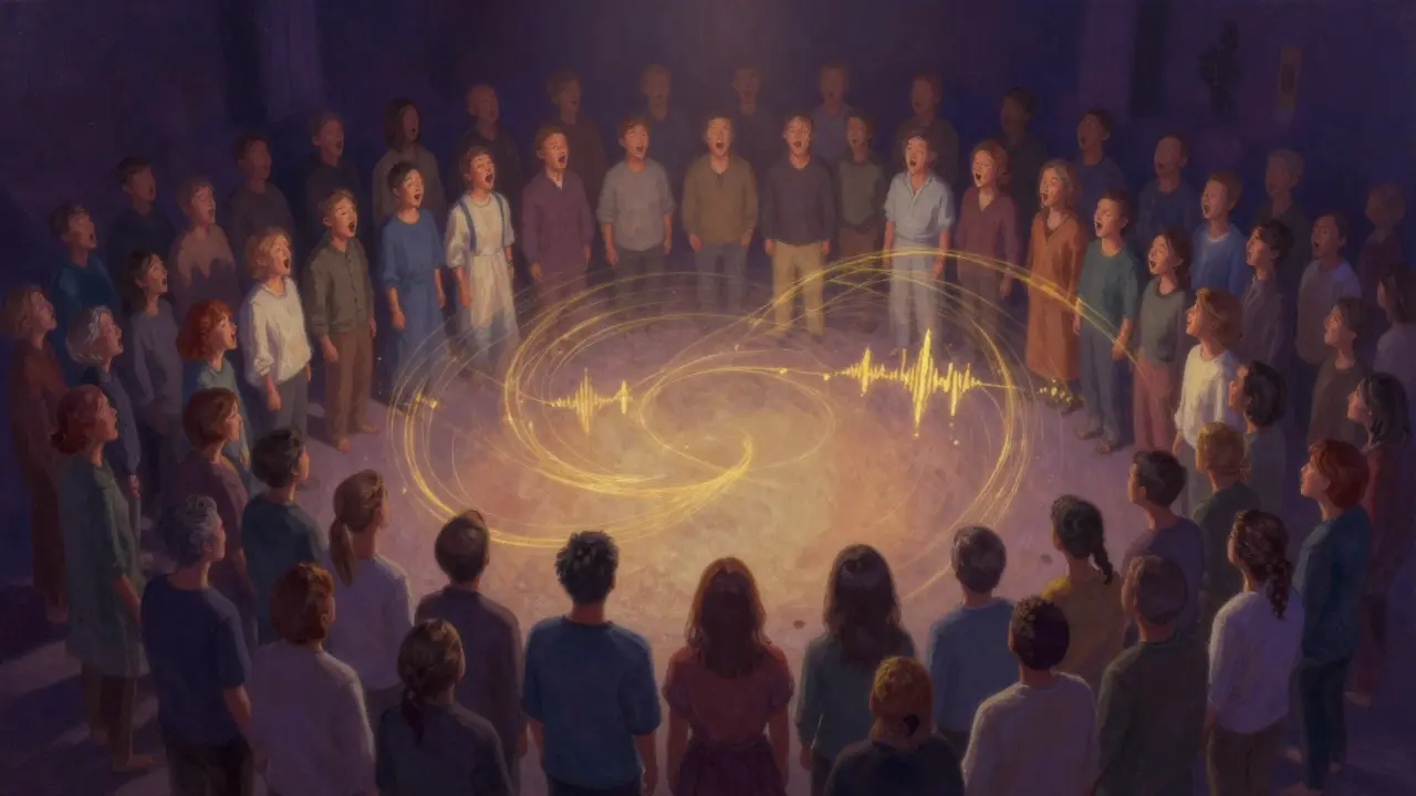 Crowd singing together in unison during a silent song segment under golden light