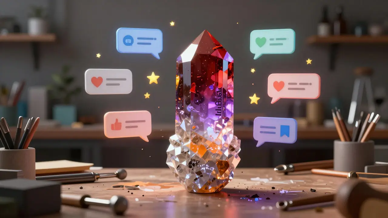 Crystal brand persona in a workshop with floating social media elements