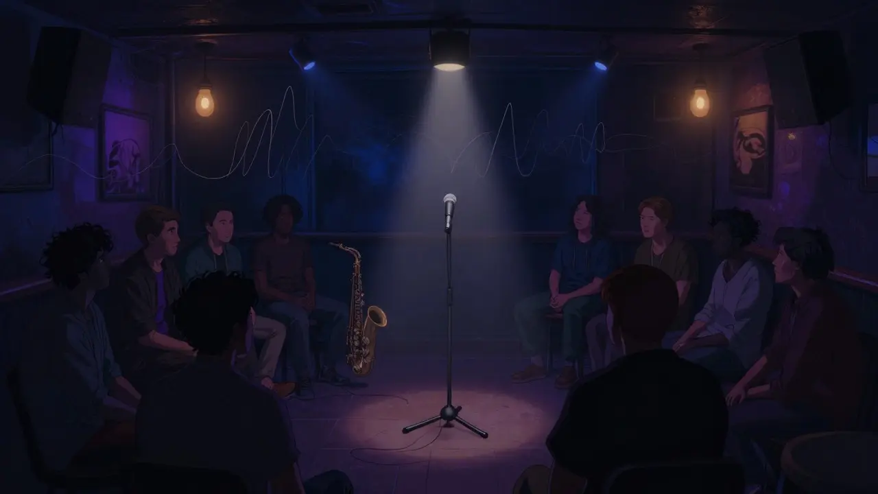 Dimly lit open mic venue with a spotlight on a microphone and shadowy audience