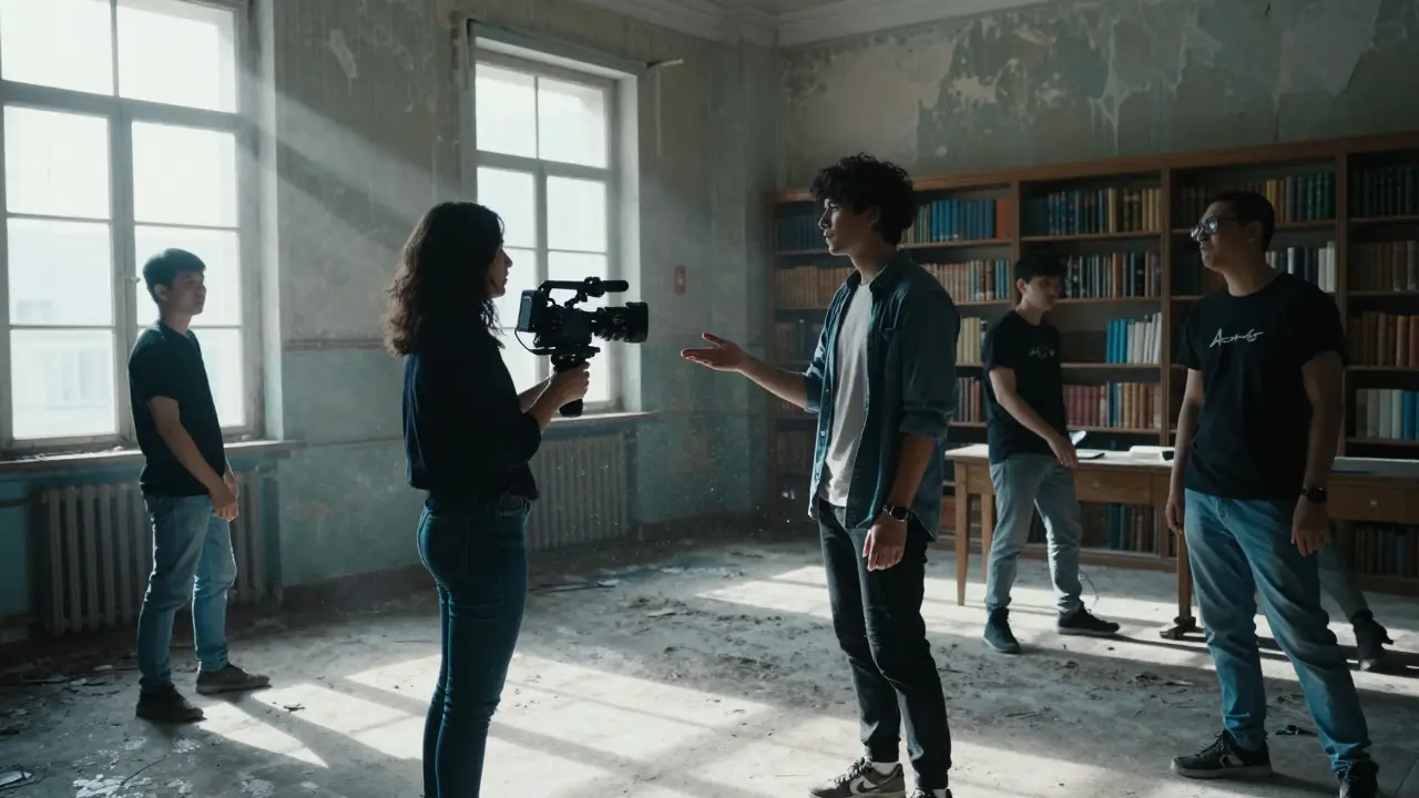 Director guiding an actor during a shoot in an abandoned library
