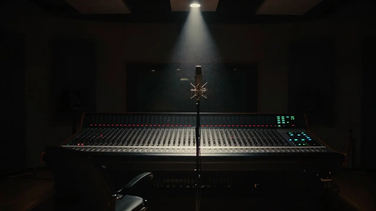 Empty recording studio with a microphone under a spotlight after a session