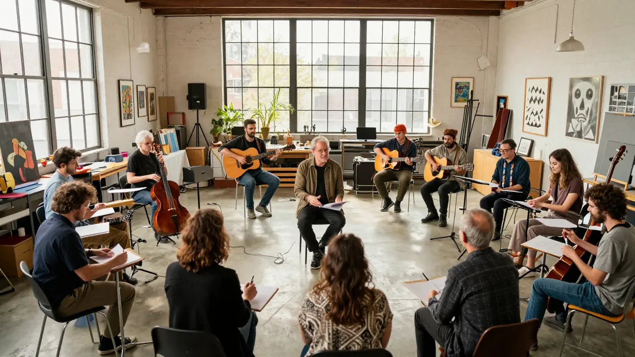 Established artists mentoring newcomers in a sunlit collaborative studio space