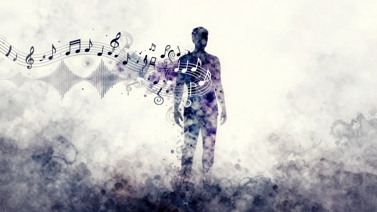 Ethereal illustration of a human figure made of musical notes dissolving into light