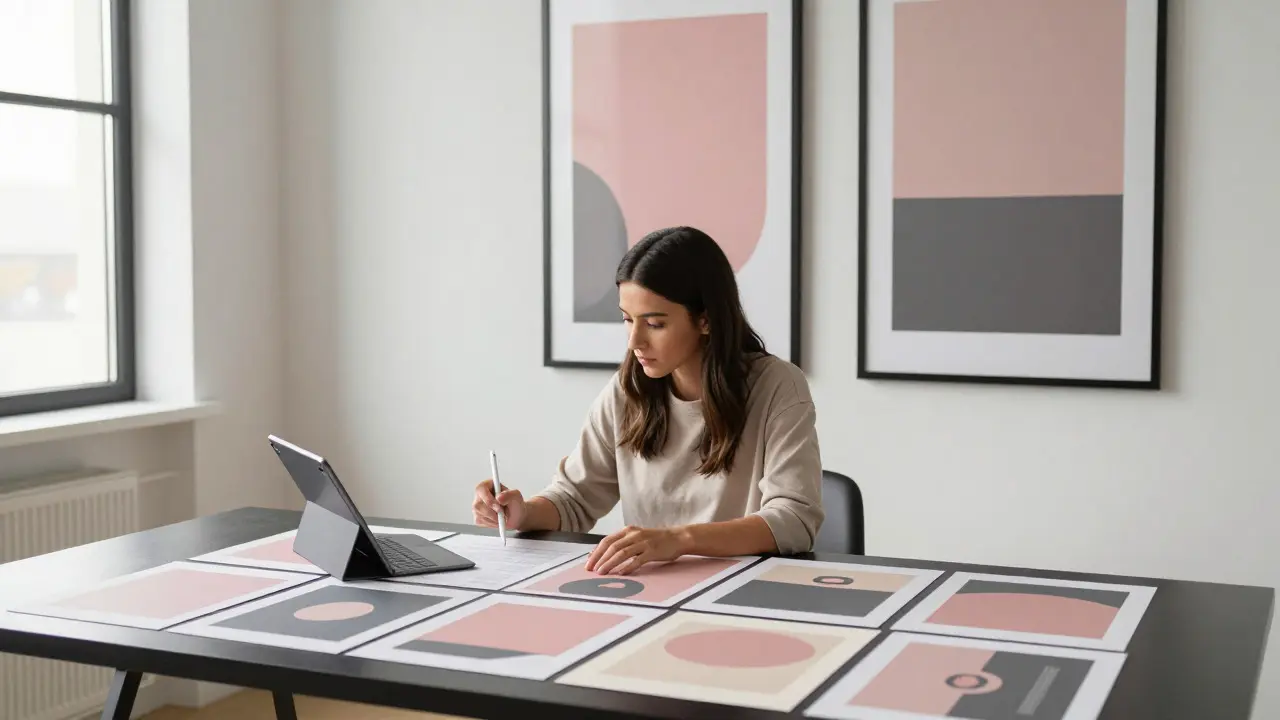 Female artist in a minimalist studio reviewing cohesive album artwork mockups