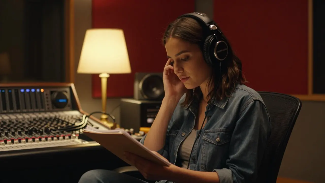 Female artist wearing headphones thinking deeply in a recording booth