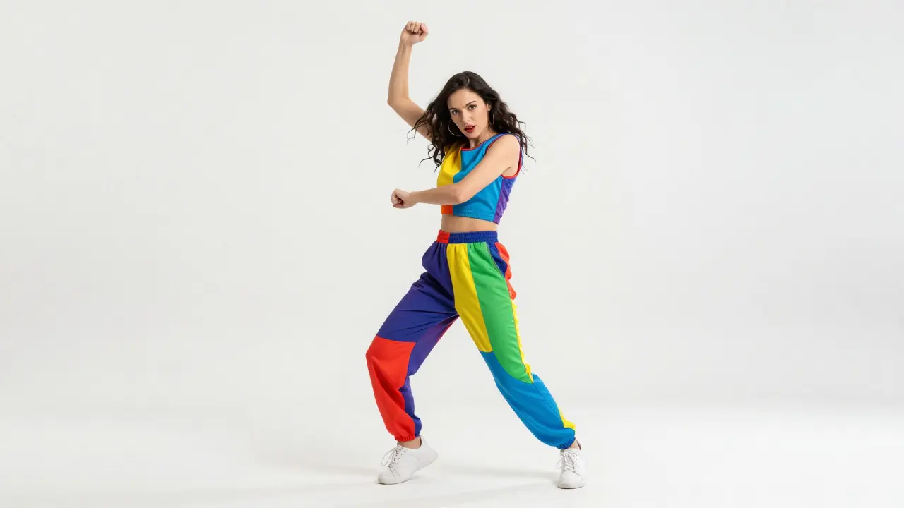 Female dancer posing dynamically in a bright studio wearing colorful clothing