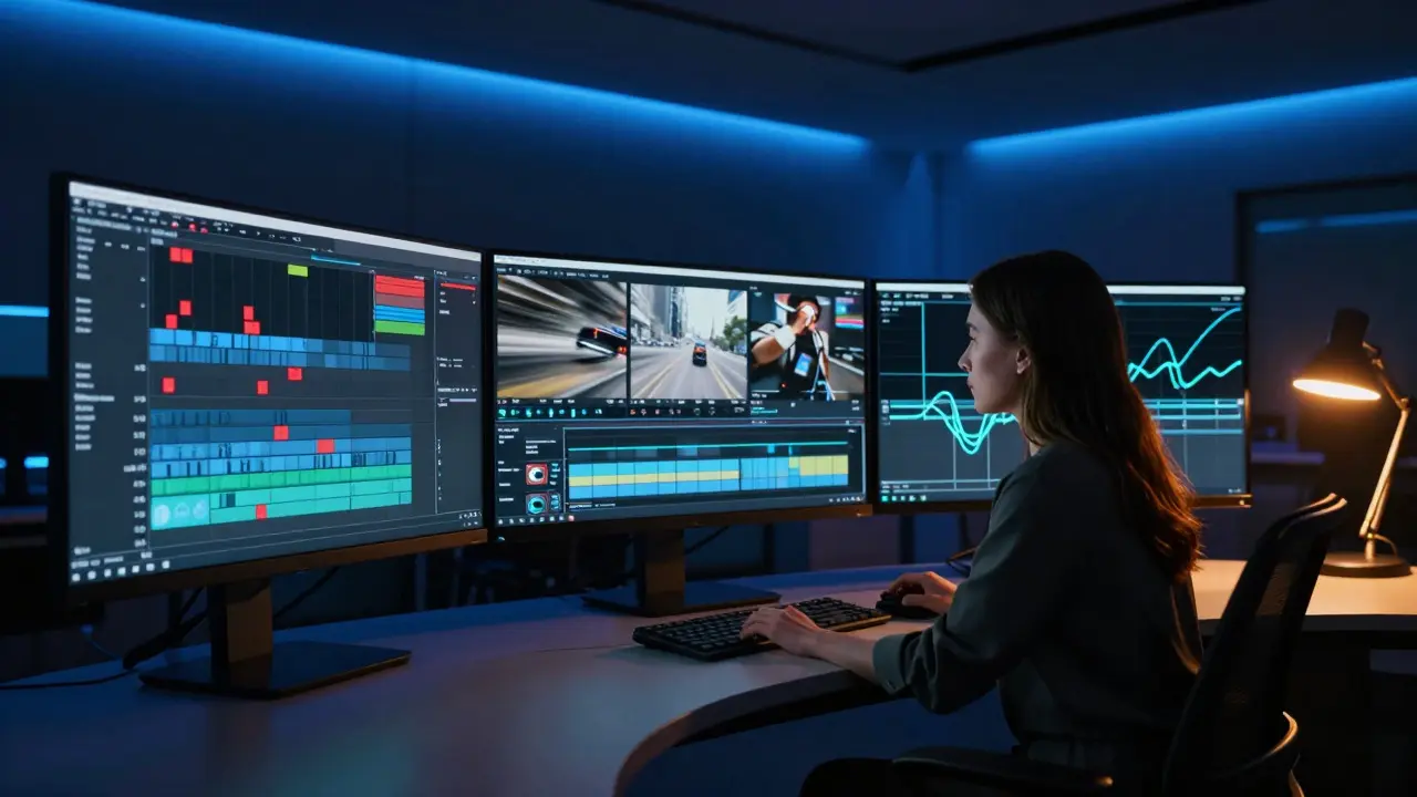 Female editor in a dark studio working on multiple monitors displaying audio tracks and video previews
