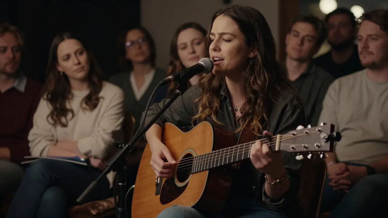 Female musician playing acoustic guitar in an intimate, warmly lit venue