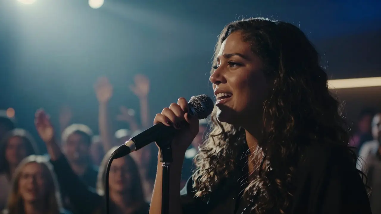 Female R&amp;B artist performing intimately on a dimly lit stage