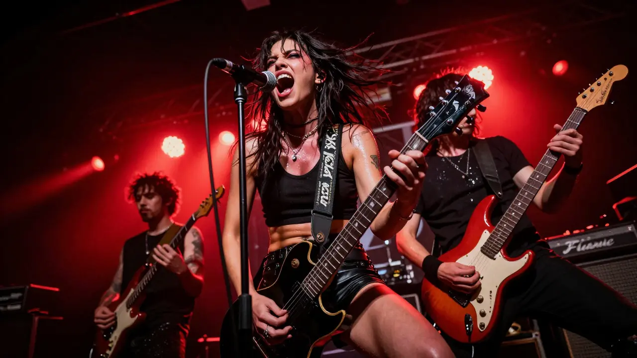 Female singer belting passionately during a high-energy rock segment