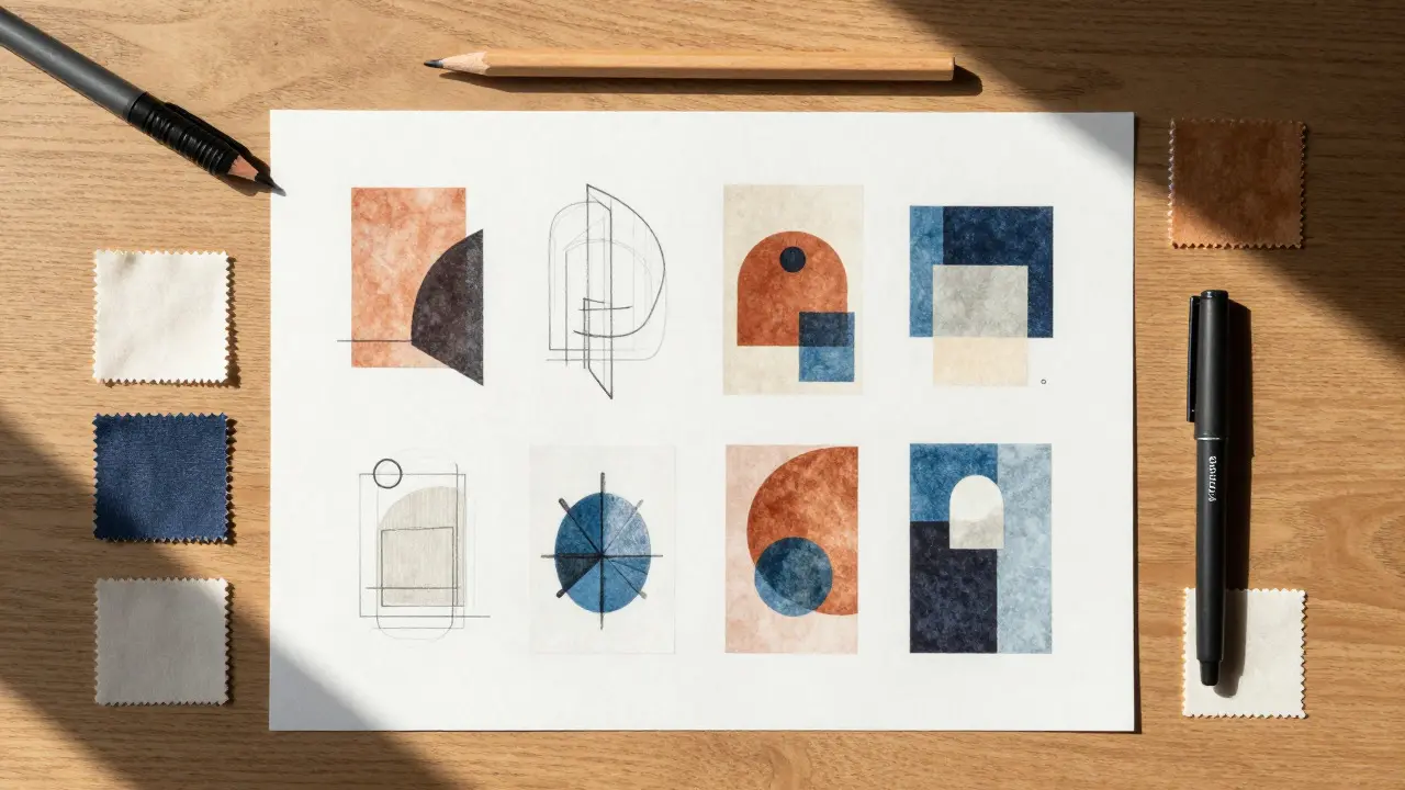 Flat lay of design sketches, color swatches, and tools on a wooden desk