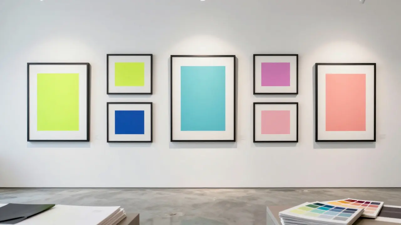 Gallery display of vibrant digital prints with minimal framing