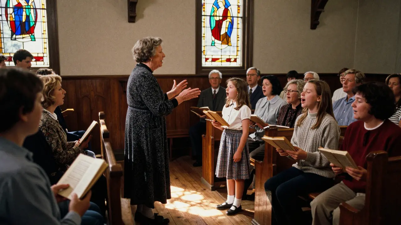 Grandmother conducting a church choir with a young girl singing passionately