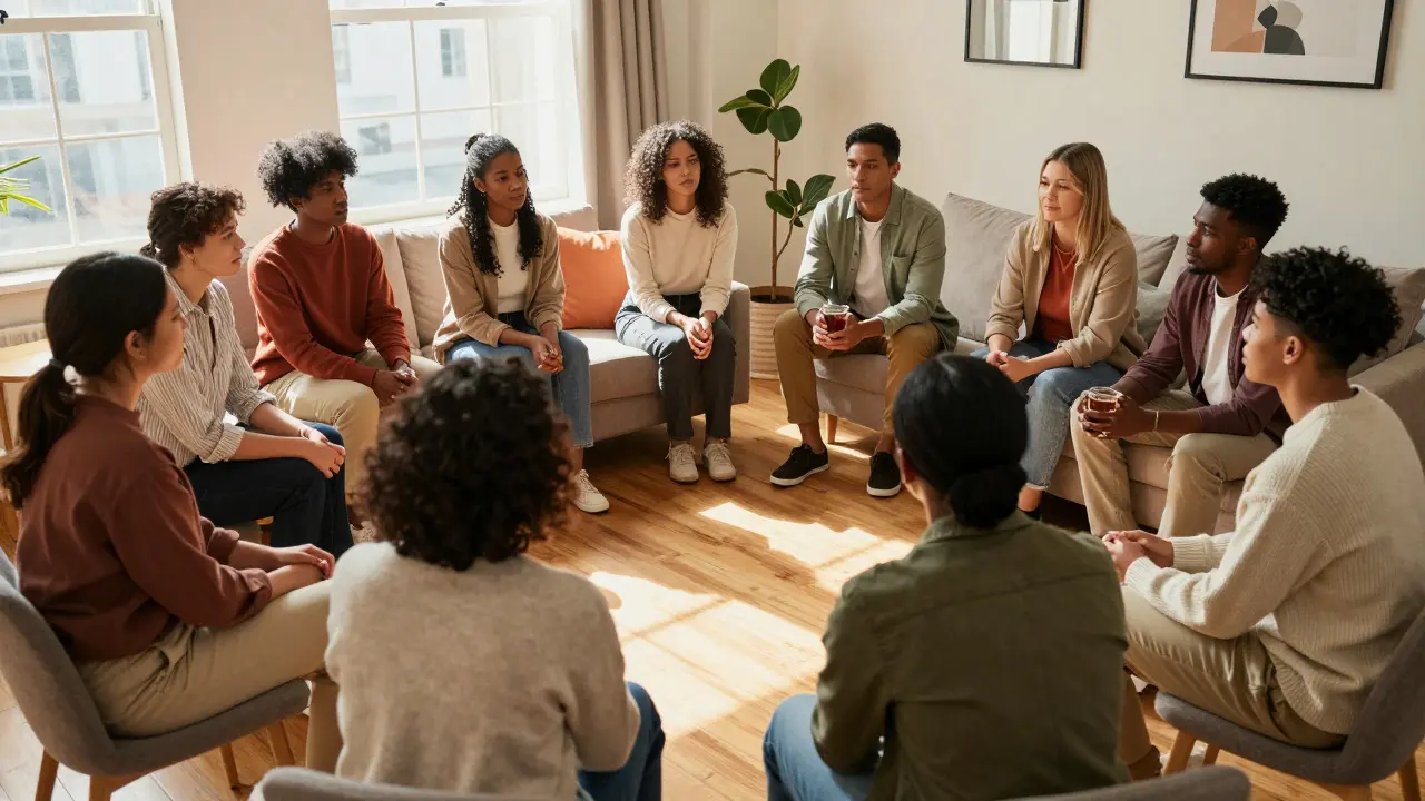 Group of adults sharing personal stories in a sunlit community room