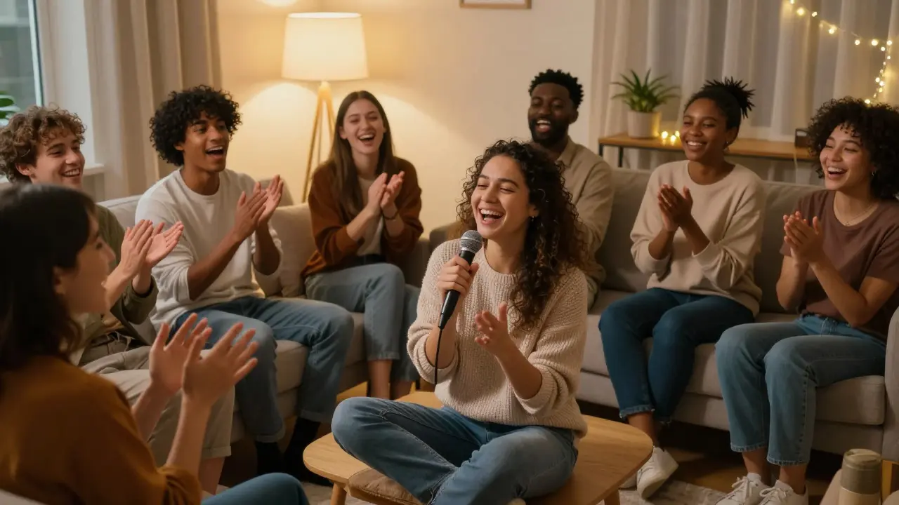 Group of friends singing casually and laughing in a cozy living room