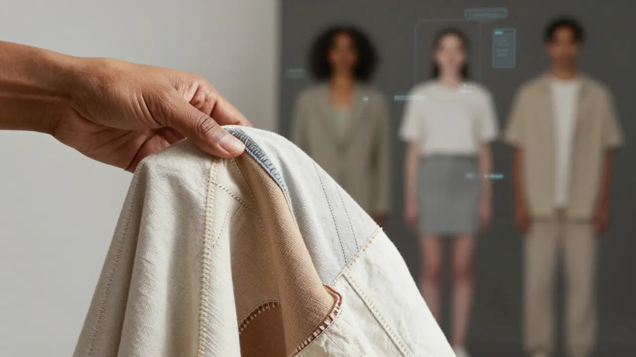 Hand holding upcycled fabric with subtle digital overlays in daylight