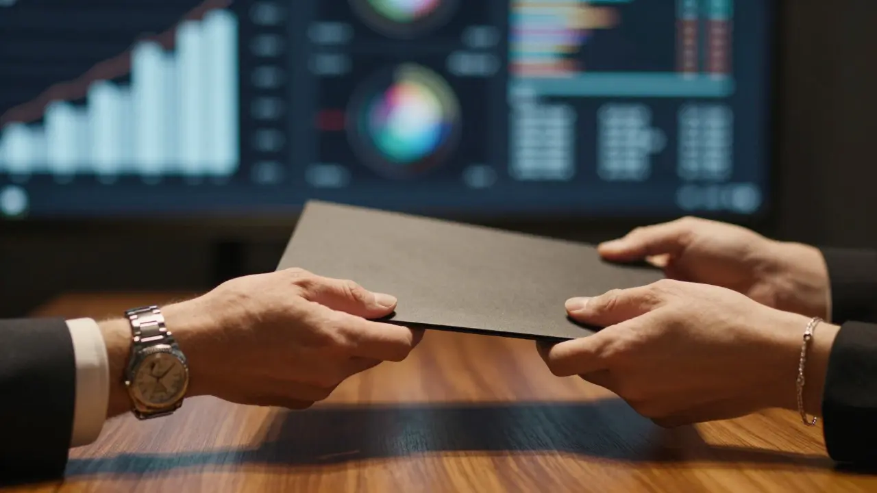 Hands exchanging a business proposal over a desk in a meeting room