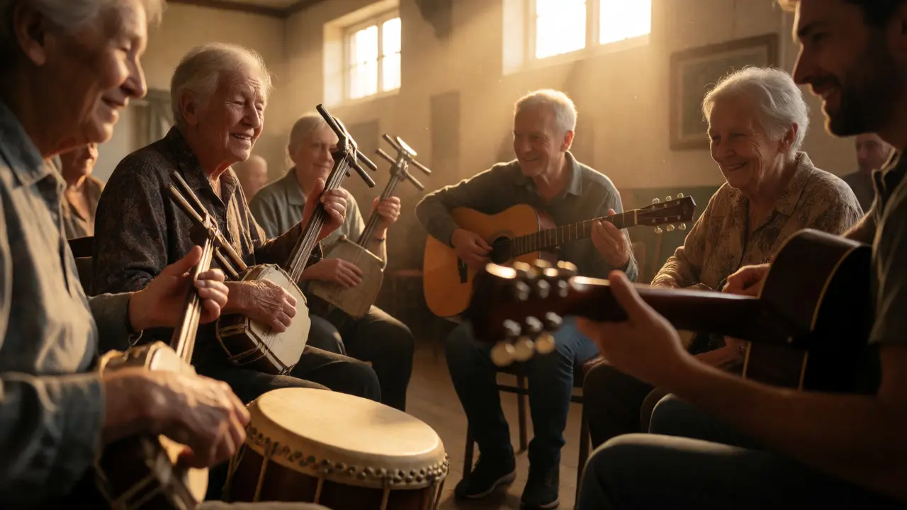 Hands of elders and a guitarist playing together in a sunlit village hall.
