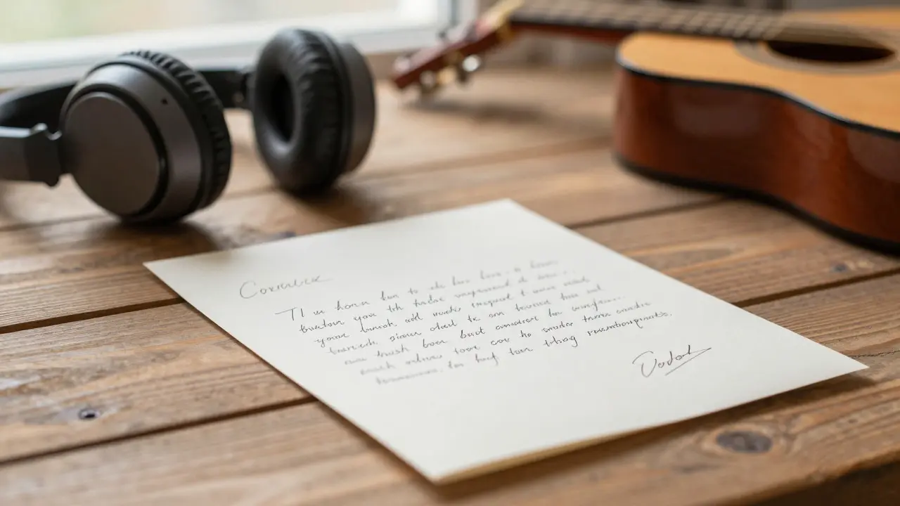 Handwritten letter on a desk next to an acoustic guitar and headphones