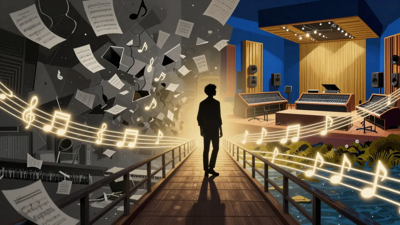 Illustration of a bridge made of musical notes connecting two worlds