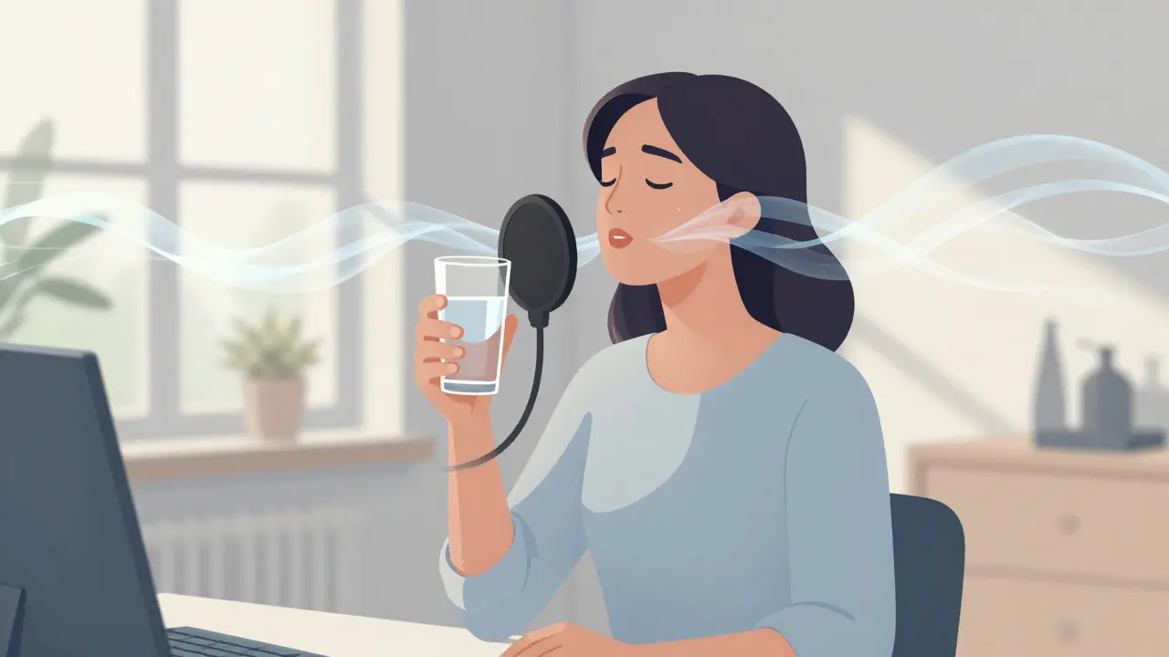 Illustration of a singer drinking water with abstract sound waves representing vocal health