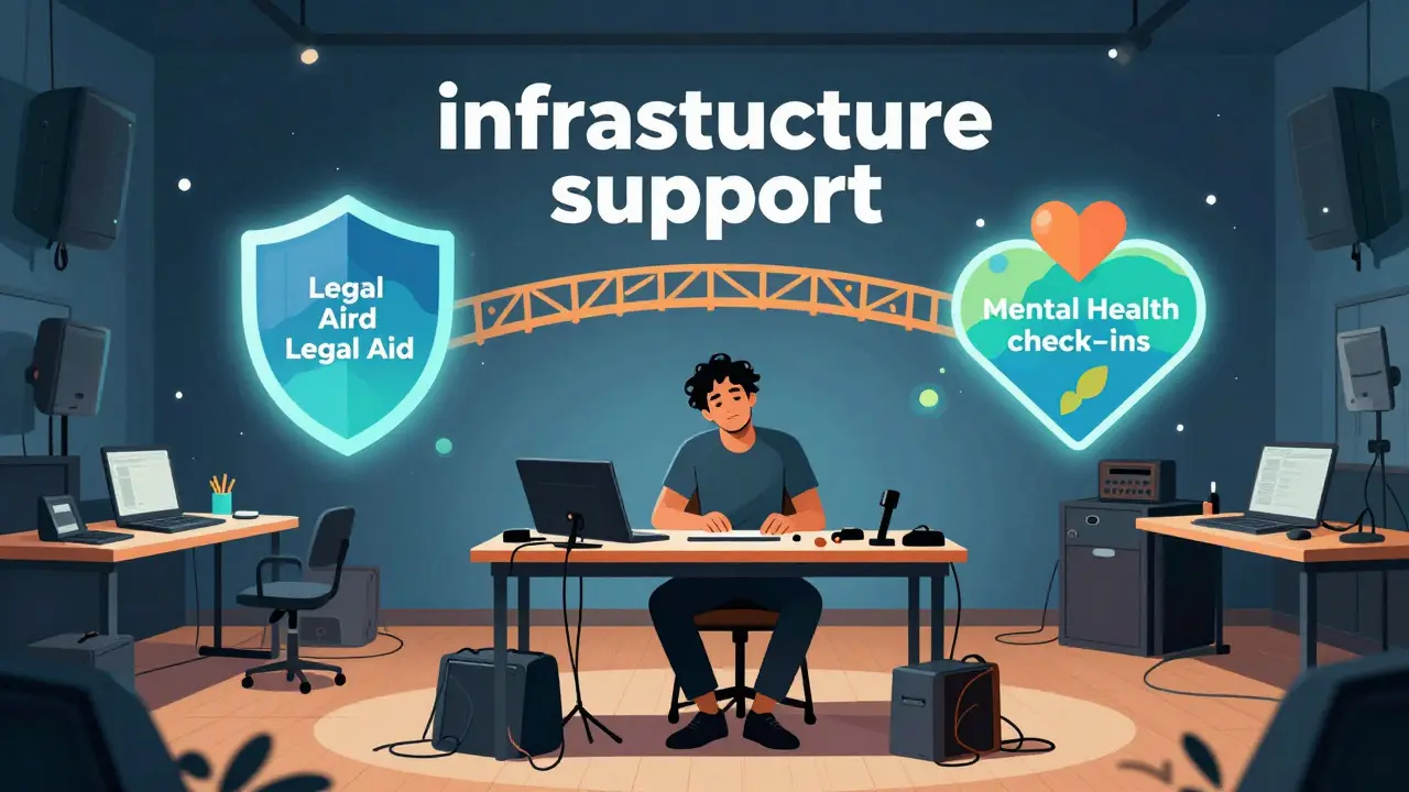 Illustration of an artist receiving infrastructure support like legal aid and mentorship in a studio