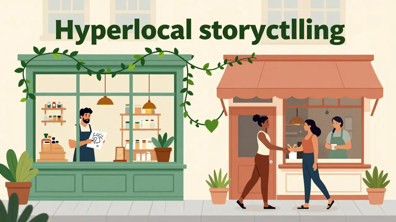 Illustration of local businesses collaborating through intertwined visual metaphors