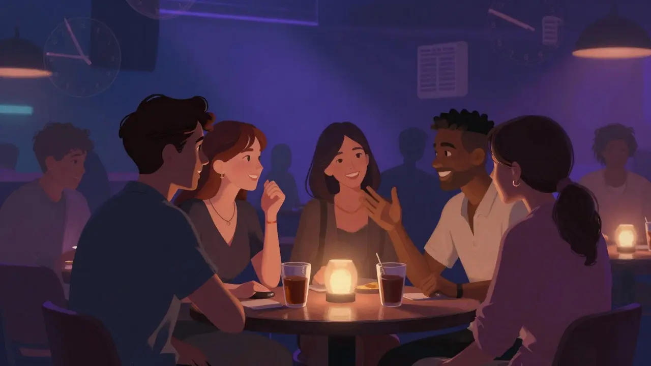 Illustration of regulars bonding at a lounge table with abstract time elements floating around